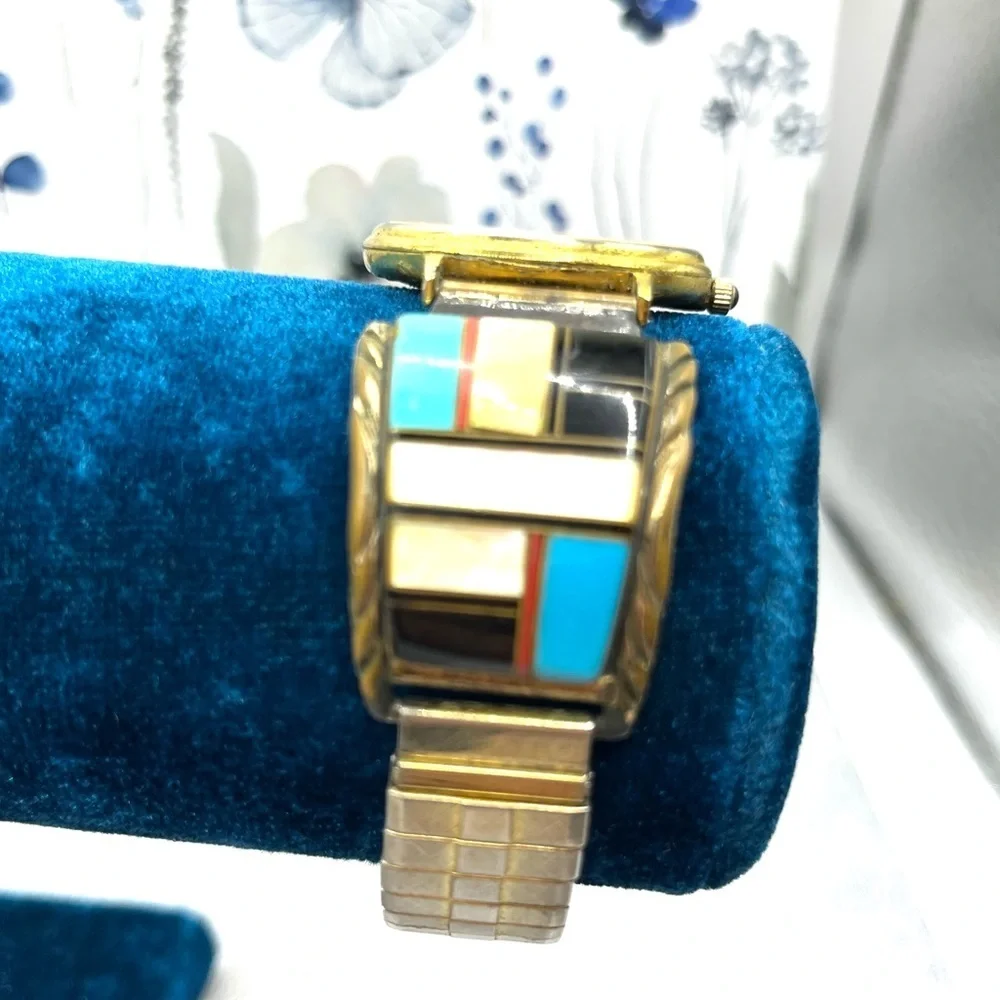 Watch Tip Albert Yazzie Gold Watch 925 Colorful Turquoise Onyx MOP Coral VTG